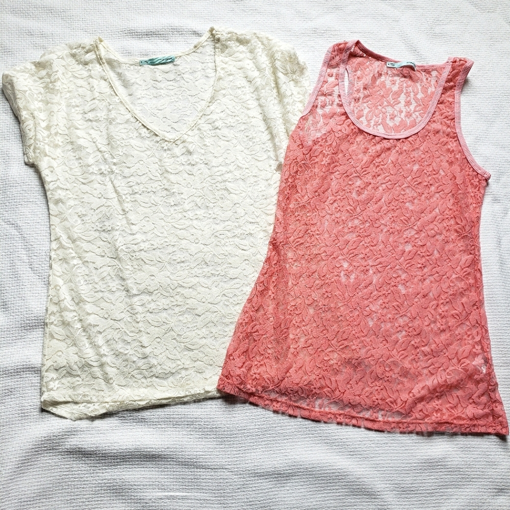 Maurices Lace Tops Bundle(2) - Tee and Tank - Cream & Light Pink, Women's Medium